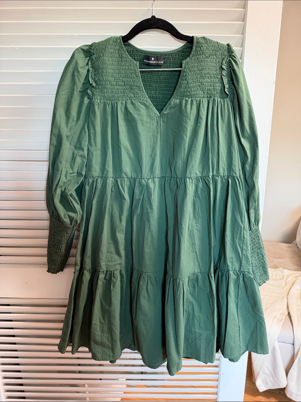 Pomander Place Sage Green Smocked Tiered Long Sleeve Dress